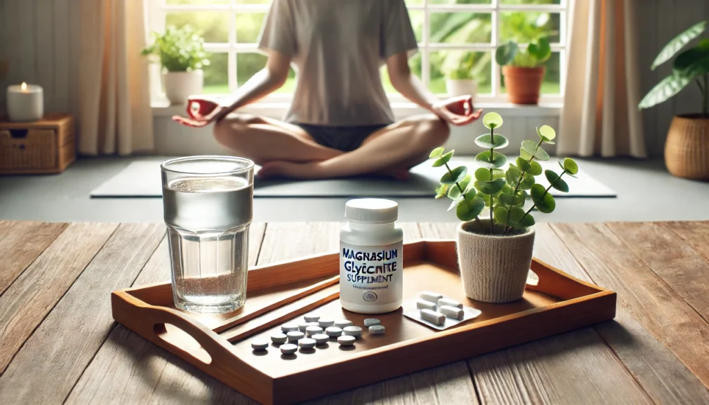 "A holistic mental health concept featuring a person meditating in a tranquil indoor space with natural light, next to a wooden tray with magnesium glycinate supplements, a glass of water, and a small potted plant, symbolizing a balanced approach to anxiety relief."