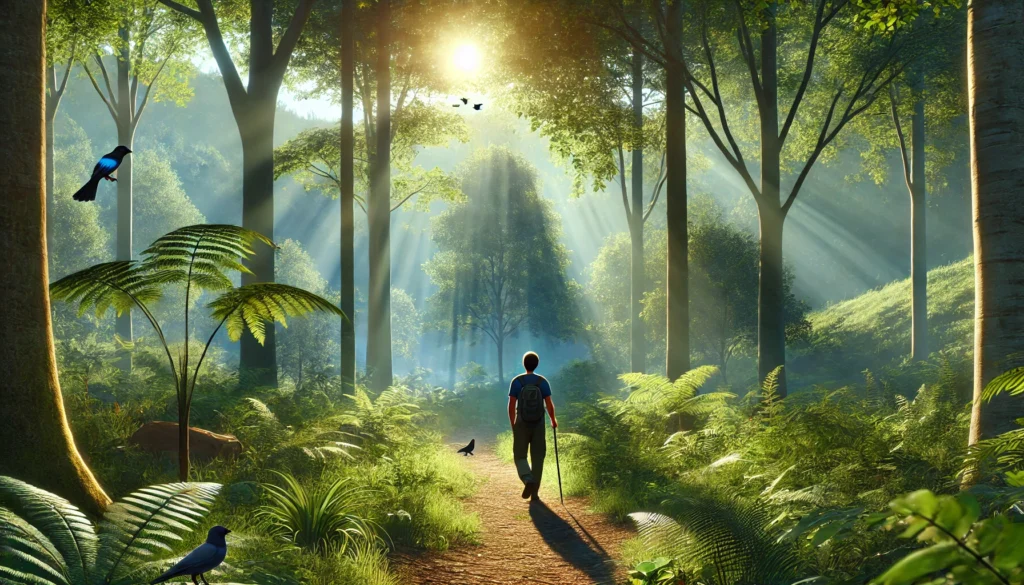 "A peaceful nature walk in a lush forest, where a person strolls mindfully, enjoying the sunlight filtering through the trees and the sounds of birds, fostering relaxation and presence in the moment."