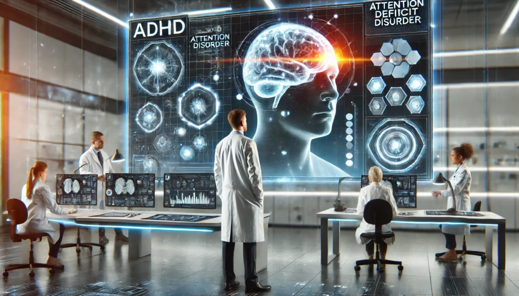 A high-tech neuroscience laboratory dedicated to attention deficit disorder (ADD) research – Showcases researchers analyzing brain scans and cognitive data on large interactive screens, with a holographic projection of a human brain highlighting ADHD-related neural pathways.