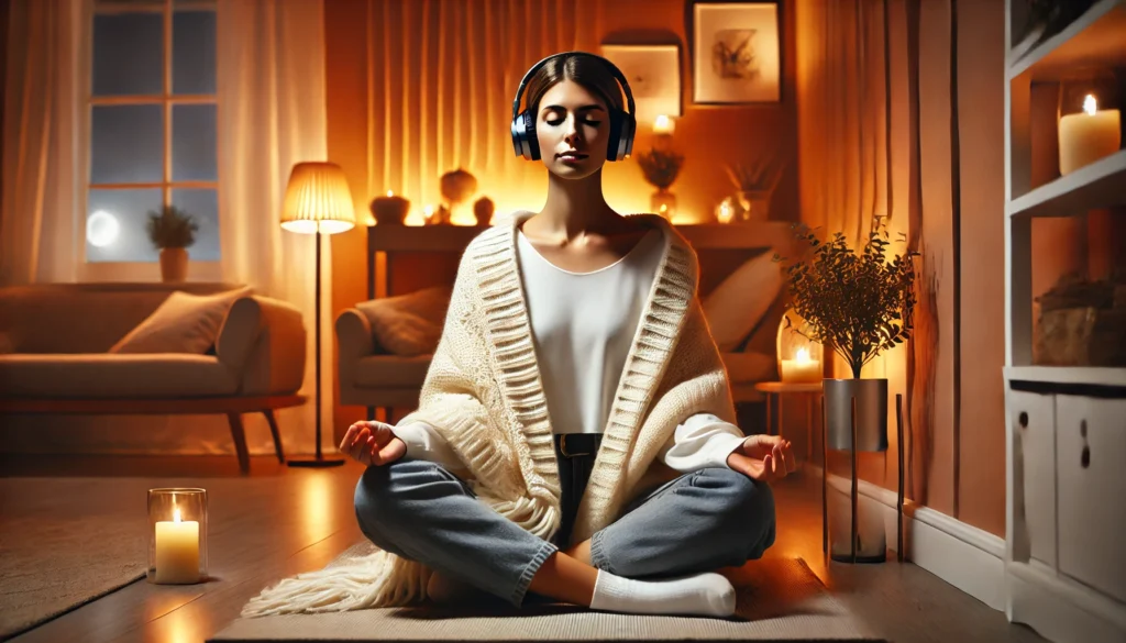 "A serene home scene featuring a person engaging in guided meditation with headphones on, sitting comfortably in a cozy corner with a soft blanket, eyes closed, and a peaceful expression, in a warmly lit, minimalist environment for relaxation and anxiety relief."