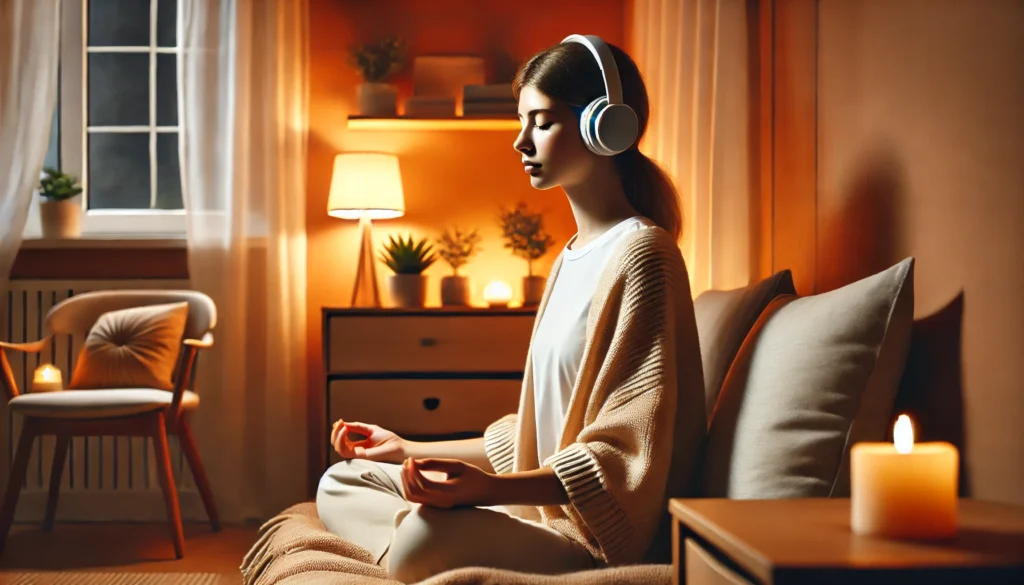 "A tranquil home environment featuring a person engaged in guided meditation with headphones on, seated comfortably in a cozy corner with a soft blanket, eyes closed, and surrounded by warm ambient lighting in a minimalist, clutter-free setting for relaxation and anxiety relief."