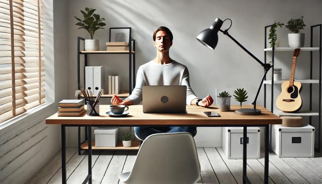 A person practicing mindfulness meditation at a modern, minimalist workspace with a laptop, a cup of tea, and a small indoor plant, promoting mindfulness in the workplace."