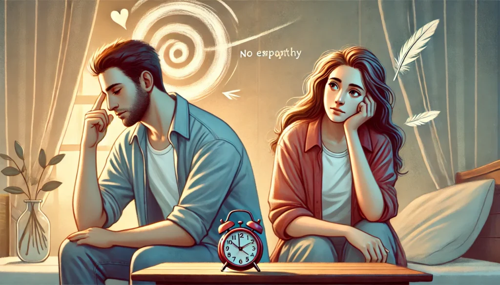 "A couple experiencing the ups and downs of ADHD in their romantic relationship, with one partner appearing distracted while the other listens patiently, highlighting empathy and communication."