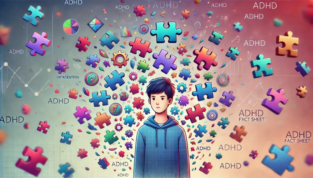"A conceptual image for an ADHD fact sheet, showcasing a young person surrounded by floating puzzle pieces representing ADHD symptoms like inattention, hyperactivity, and impulsivity, with a softly blurred background symbolizing focus challenges."
