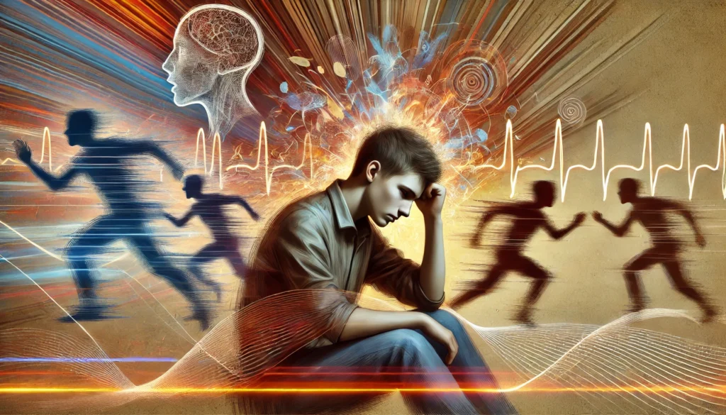 "A conceptual artwork illustrating ADHD and behavioral issues, featuring a young person struggling to focus, with multiple blurred figures symbolizing hyperactivity, impulsivity, and difficulty in self-regulation."