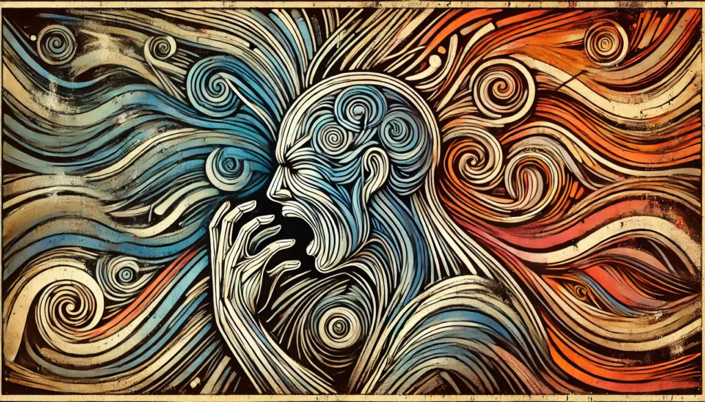"A symbolic depiction of ADHD-related behavioral issues, portraying an individual reacting impulsively, surrounded by chaotic abstract lines representing difficulty in emotional control and decision-making."