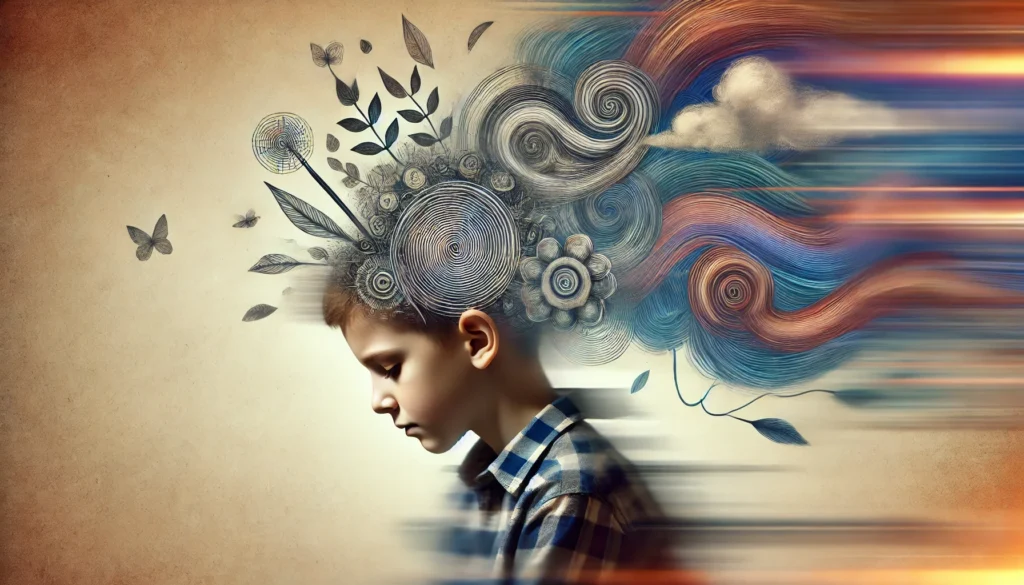 "An artistic representation of ADHD and behavioral issues, depicting a child struggling with focus, with motion blur and swirling abstract shapes symbolizing distraction, impulsivity, and emotional dysregulation."