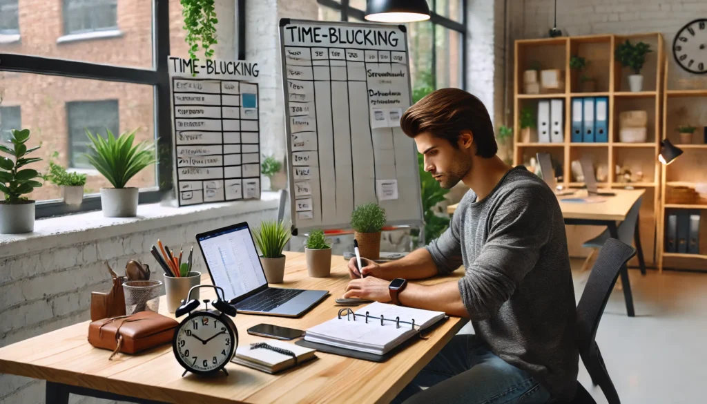 "An organized coworking space where an individual is concentrating on work, using a time-blocking planner and a structured workspace with a whiteboard and timer. The setting promotes focus and minimizes digital distractions."