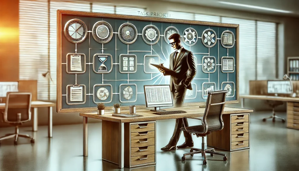 A symbolic depiction of a task prioritization model, featuring an organized workflow in a corporate office. A professional is seen managing different tasks on a structured task management board, representing efficiency and time management.
