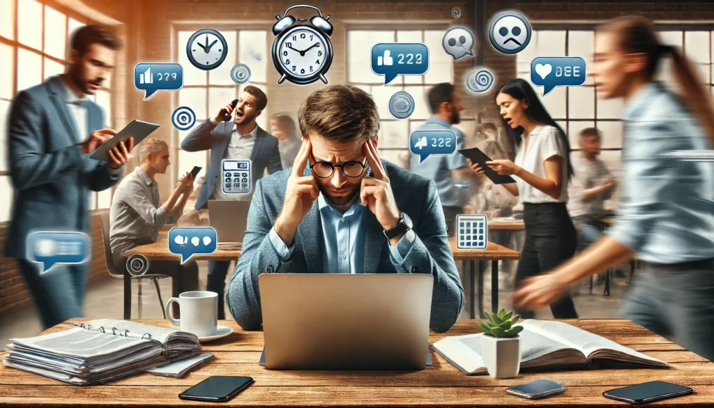 Coworking Space – A professional attempting to focus but distracted by background chatter, ringing phones, and constant notifications on their laptop.