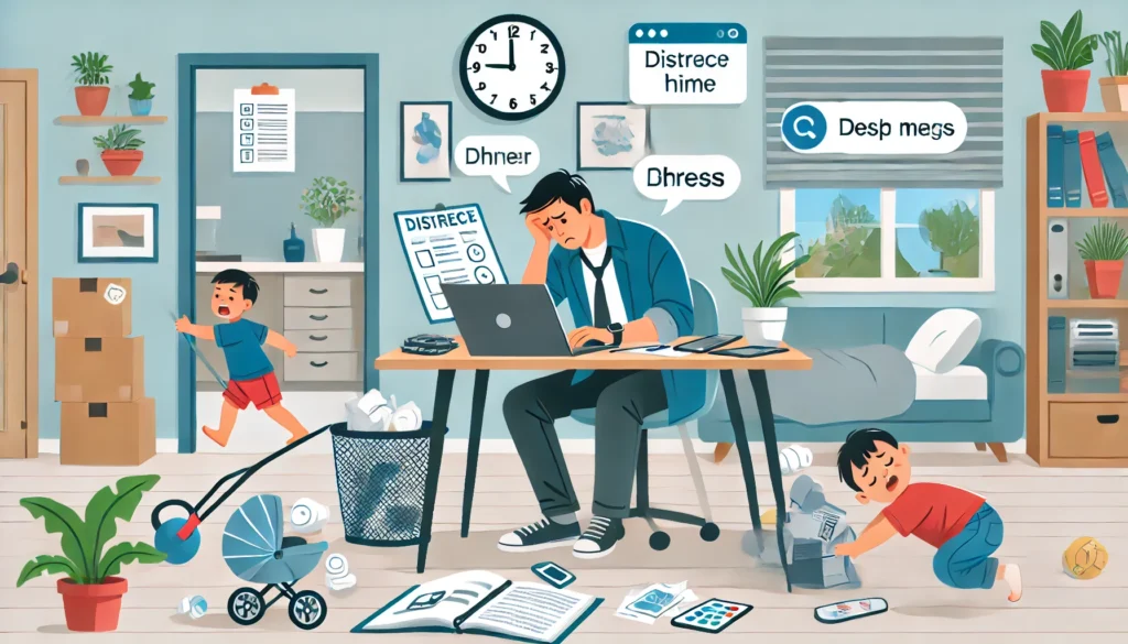 Work-From-Home Setting – A remote professional trying to concentrate while facing distractions such as a child playing, household chores, and digital interruptions.