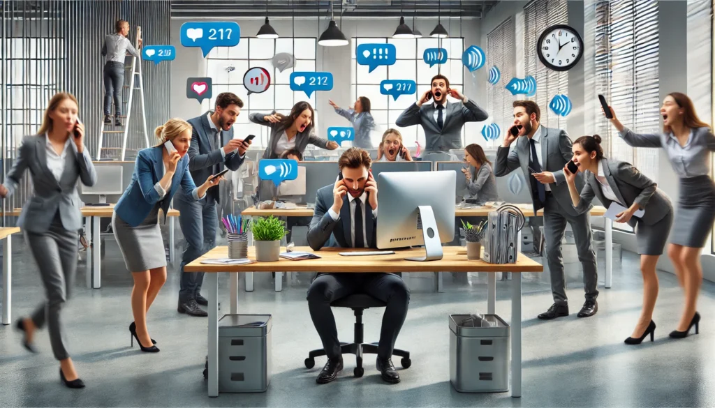 Open-Plan Office – A worker overwhelmed by noisy coworkers, mobile phone vibrations, and constant digital notifications on their computer.