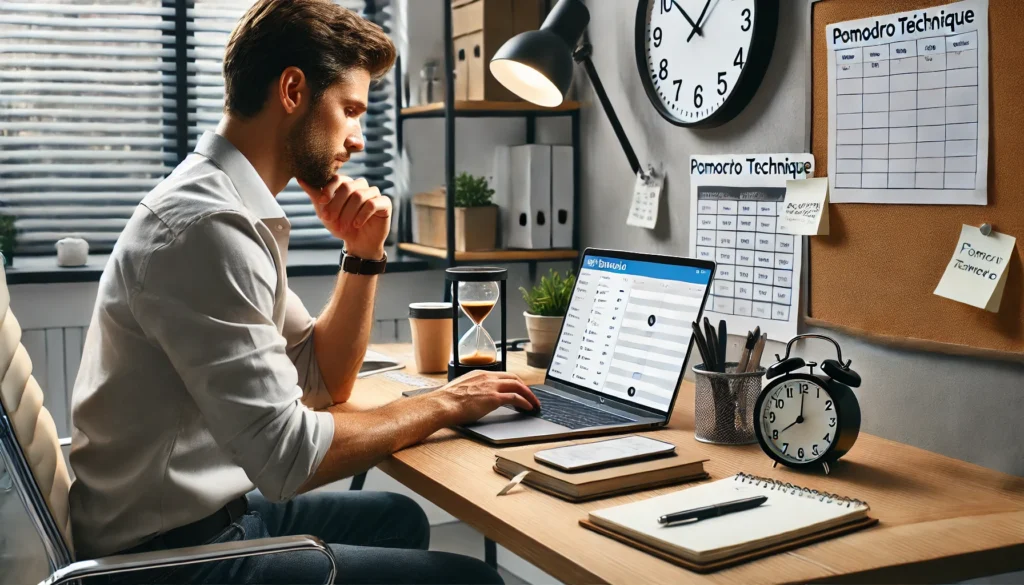 "A professional workspace where an individual is practicing time blocking and task prioritization, showcasing effective time management tips for busy adults seeking productivity and balance."