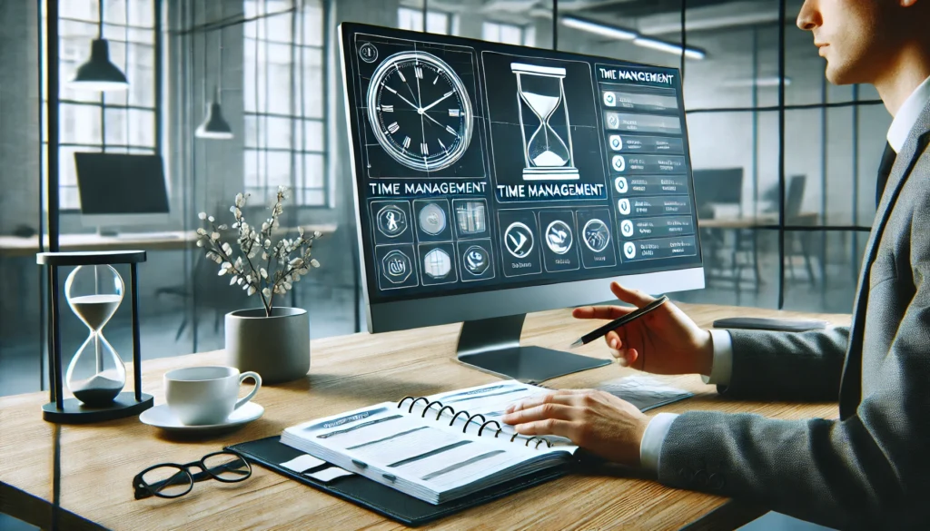 "A professional workspace where an individual is reviewing a digital time management plan on a large monitor. The setting is modern with a minimalist desk, a planner, and a cup of coffee, emphasizing efficiency and productivity."