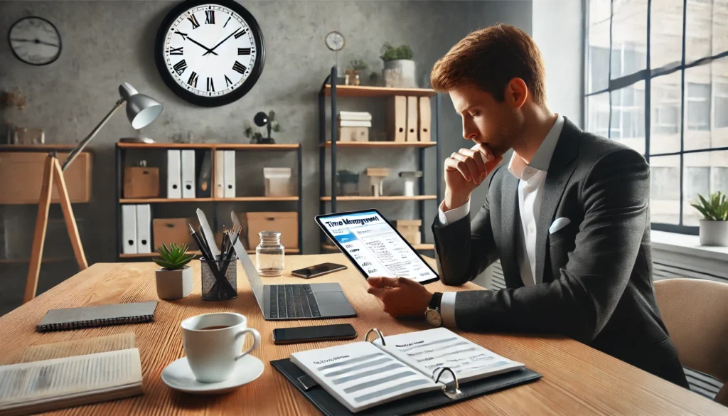 A professional workspace where an individual is deeply engaged in reading a time management article on a tablet. The desk is neatly arranged with a digital planner, a cup of coffee, and a smartphone, while the background features a minimalist bookshelf and a large clock symbolizing productivity and time awareness.