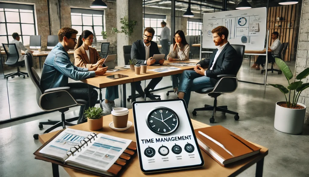 A collaborative coworking space where a group of professionals is discussing a time management article displayed on a tablet. The workspace is modern and well-lit, with ergonomic chairs, a large shared desk, planners, coffee cups, and a whiteboard in the background.