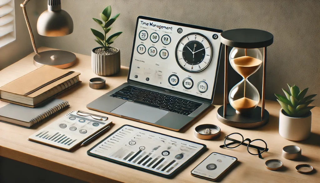 A minimalist workspace with a laptop displaying a time management dashboard, alongside an hourglass and an analog clock. The scene represents a balance of traditional and modern time management techniques.
ALT Text: "Minimalist desk setup with a laptop, hourglass, and clock highlighting time management strategies."