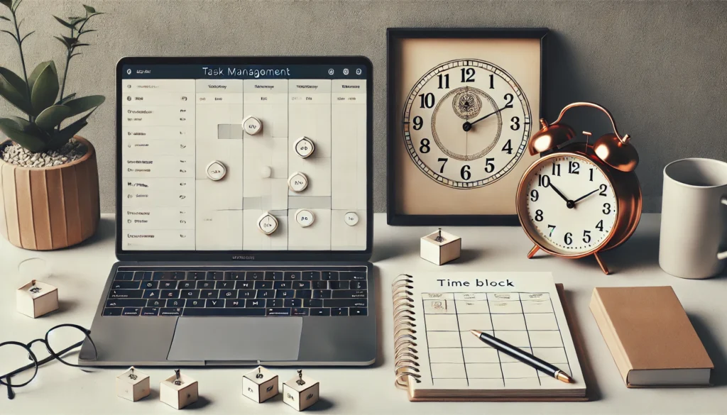 A minimalist workspace with a laptop open to a task management application, a traditional clock, and a notepad with structured time blocks, balancing digital and analog methods.
ALT Text: "Minimalist workspace with a laptop, task management app, clock, and structured time blocks for efficient scheduling."