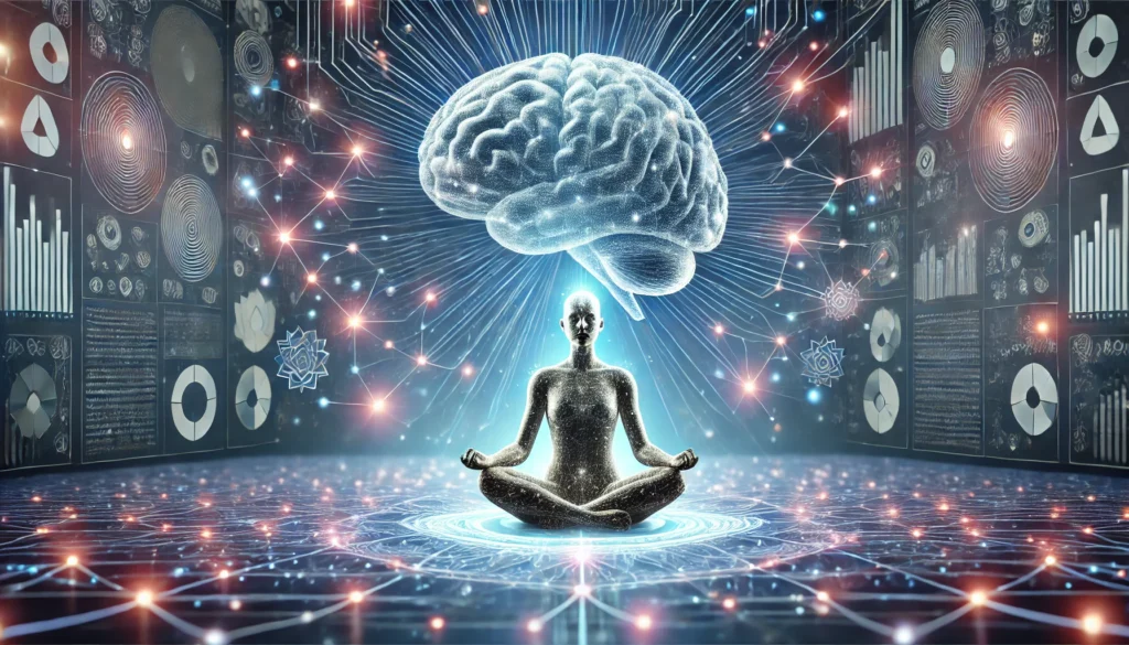 A conceptual digital illustration of a human brain with glowing neural connections, surrounded by a person in a meditative pose, symbolizing how meditation enhances focus and cognitive function.
ALT Text: "Conceptual illustration of a brain with glowing neural pathways, highlighting meditation’s role in improving focus."