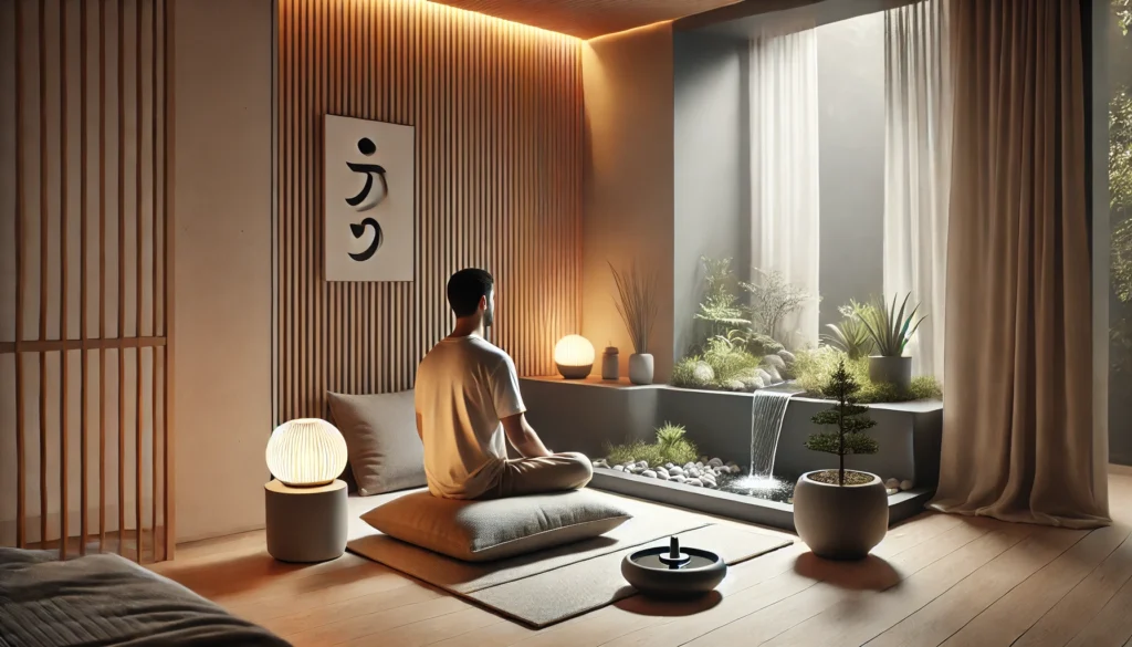A modern home meditation space featuring a cozy corner with a meditation cushion, soft lighting, and a small indoor fountain. A person is sitting in a relaxed posture, practicing deep breathing to relieve anxiety and depression.
ALT Text: "Cozy home meditation space with soft lighting and a person practicing deep breathing to ease anxiety and depression."