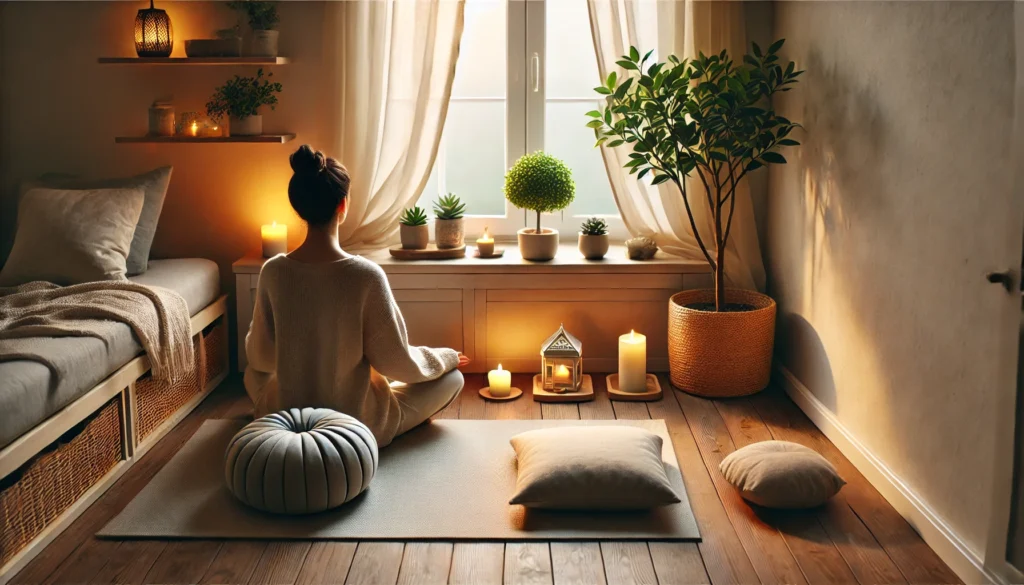 A peaceful home mindfulness practice setting with a cozy corner, featuring a meditation cushion, soft candlelight, and a small indoor plant. A person is practicing mindful breathing, emphasizing stress reduction and emotional well-being.
ALT Text: "Cozy home meditation space with a person practicing mindfulness breathing for stress relief and emotional balance."