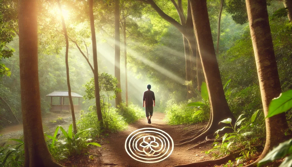 A peaceful outdoor walking meditation scene with a person walking mindfully along a forest path, surrounded by lush greenery and soft morning light, emphasizing movement-based mindfulness.
ALT Text: "Person practicing walking meditation in a peaceful forest, symbolizing mindfulness for clarity and focus."