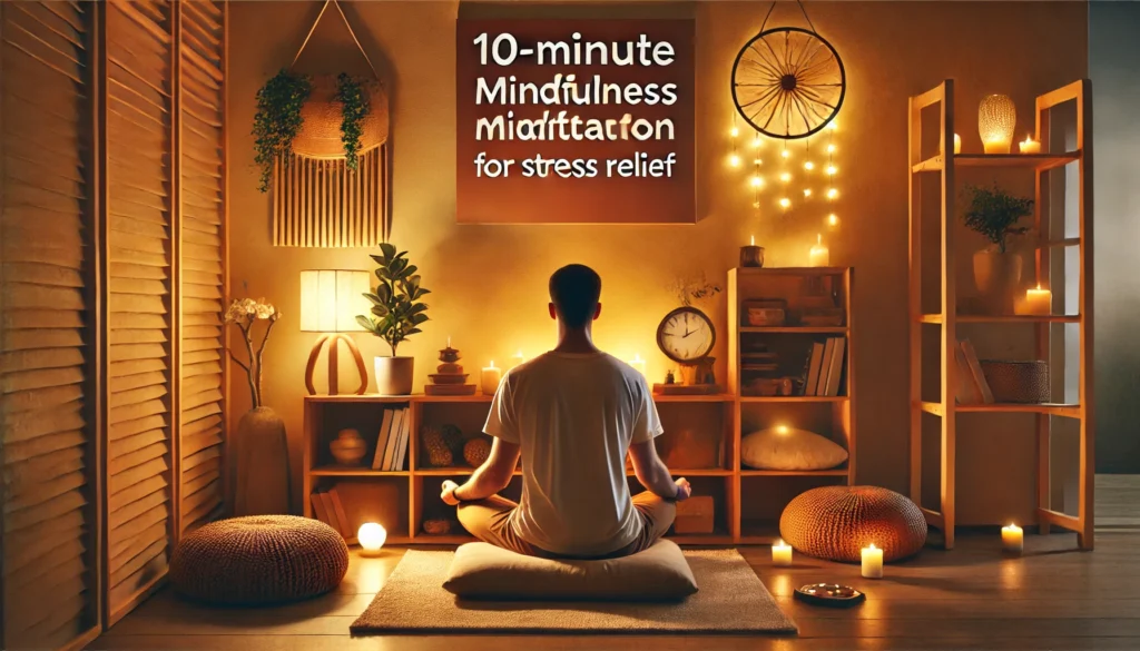 A tranquil home meditation corner featuring a person sitting on a cushion, practicing a short mindfulness session for stress relief. The space includes warm lighting, soft pillows, and a peaceful atmosphere.
ALT Text: "Person meditating in a cozy home setting, practicing a 10-minute meditation for stress and relaxation."