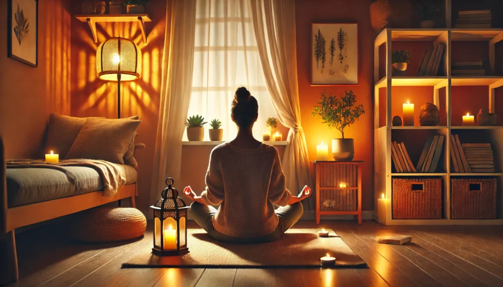A peaceful home meditation space featuring a person sitting in a cozy corner with soft lighting, candles, and a calm atmosphere. The individual is practicing mindfulness, embracing self-reflection, inner peace, and mental clarity in a warm and inviting setting.