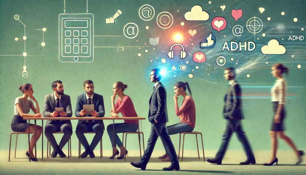 ADHD’s Impact on Social Interactions – A group conversation where one individual appears mentally distant, with thoughts drifting away, symbolized by floating abstract icons, with background distractions subtly illustrated.