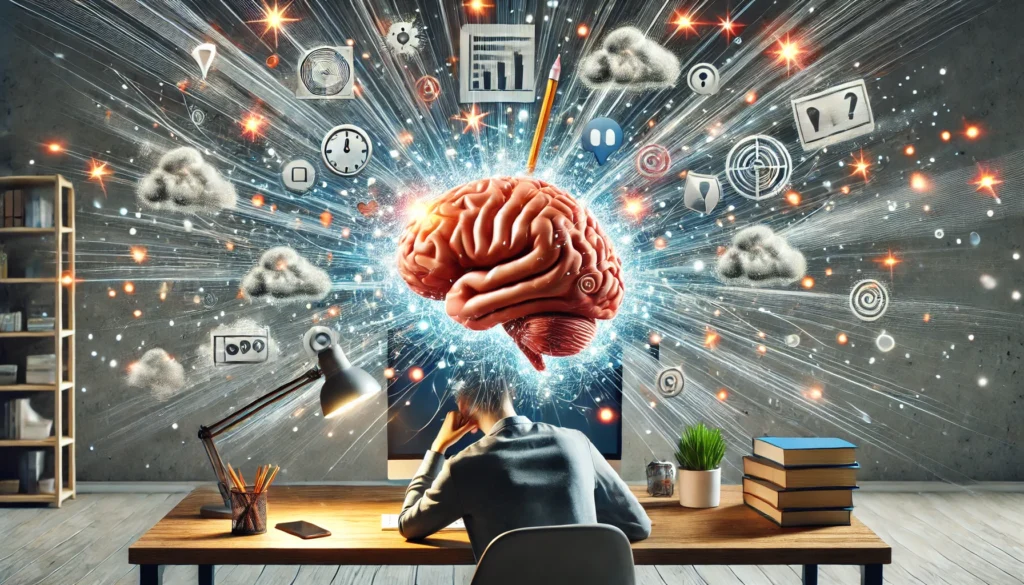 ADHD Brain in a Work or Study Environment – A person at a desk with multiple thoughts swirling around their head, illustrating distraction, with elements like a computer, books, and notifications.