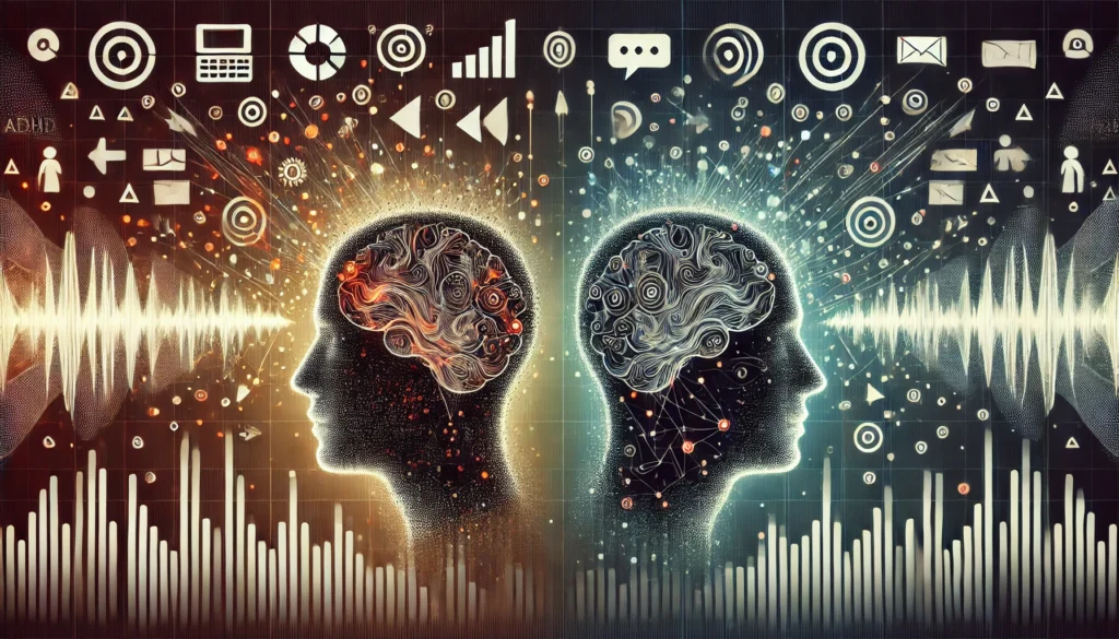 Abstract Representation of ADHD vs. Neurotypical Attention Span – Two silhouettes of human heads showing scattered, rapidly shifting focus points versus steady, concentrated focus, with background symbols representing distractions.