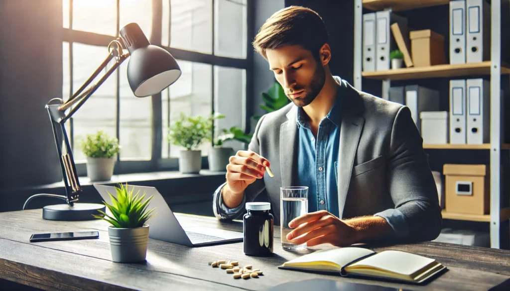 A professional workspace with a person taking a nootropic supplement with a glass of water, surrounded by a laptop, notebook, and a small plant, symbolizing enhanced focus and productivity."
