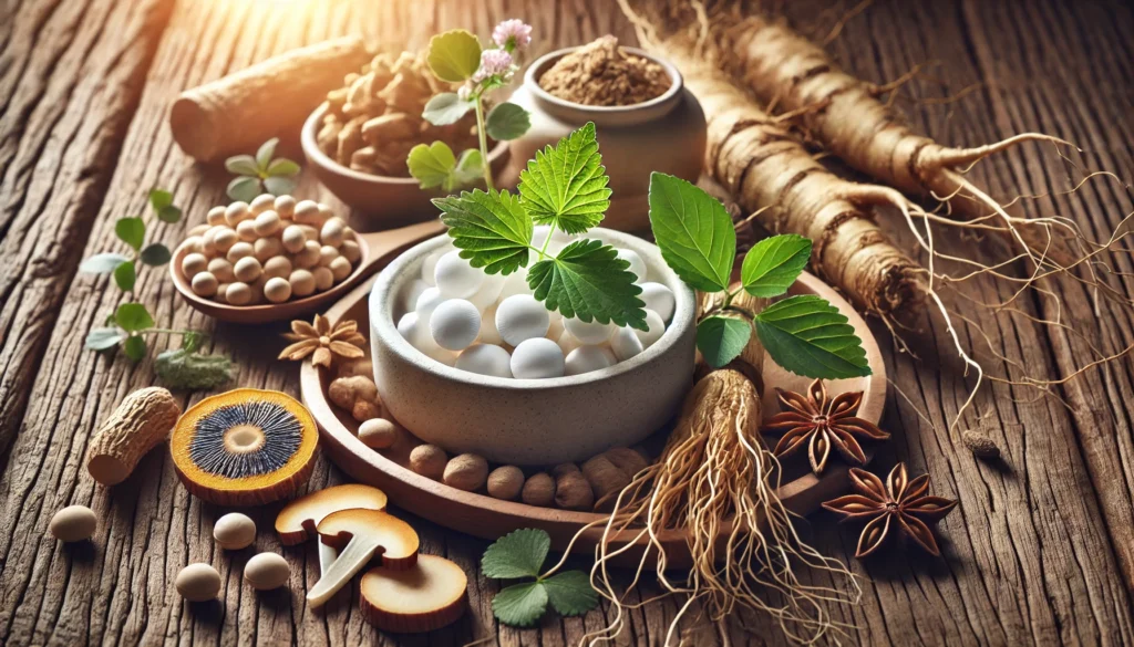 A close-up of natural nootropic ingredients, including Bacopa Monnieri, Ginseng, and Ginkgo Biloba, arranged on a wooden surface with soft natural light, highlighting the herbal origins of cognitive enhancement supplements."