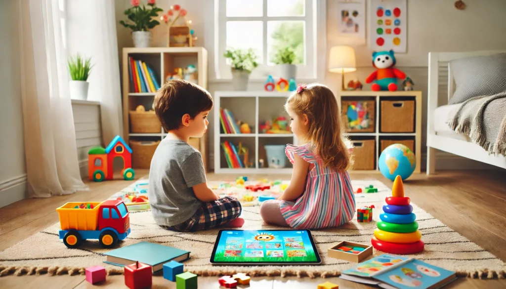 "A cozy children's playroom where two young kids sit on the floor watching an educational program on a tablet, surrounded by books, toys, and puzzles. This scene emphasizes a healthy mix of screen time and hands-on learning."