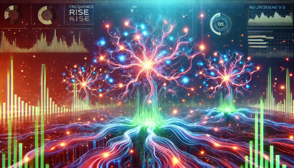 A futuristic visualization of neurogenesis, depicting glowing neurons forming new connections in a high-tech environment, symbolizing the brain’s adaptability with Frequency Rise Nootropics.