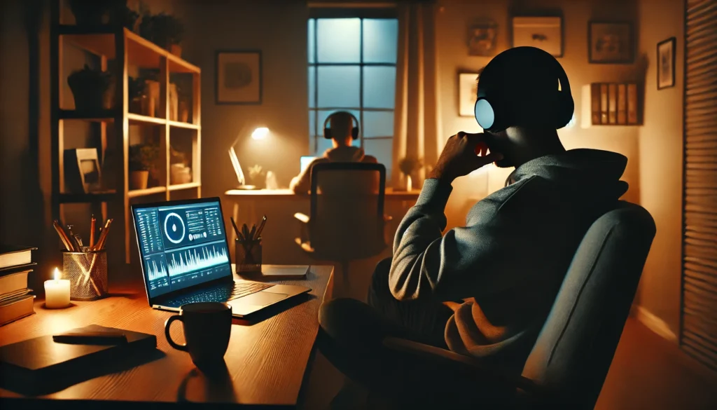 Tranquil Nighttime Workspace: A cozy late-night setting with a softly lit room, a glowing laptop screen, a cup of tea, and a bookshelf in the background. The perfect ambiance for deep concentration.