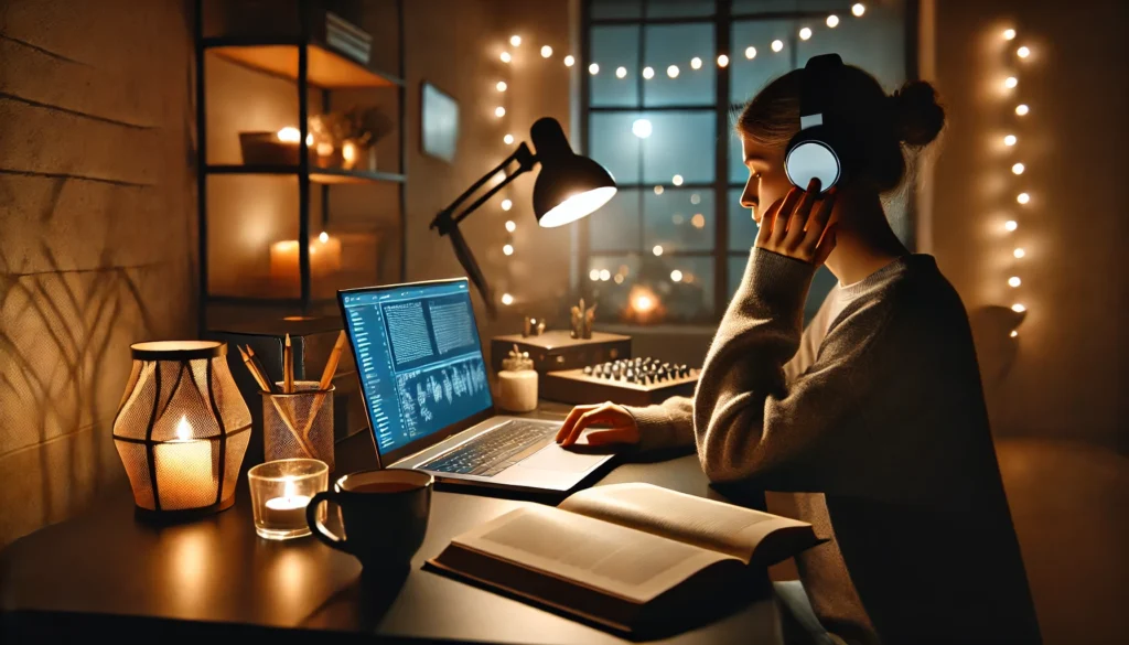A tranquil nighttime study setting featuring a student wearing wireless headphones, listening to calming music while completing assignments. The dimly lit room has a modern desk setup with a laptop, an open book, and a cup of tea. A soft-glowing lamp and string lights in the background create a peaceful and focused atmosphere.