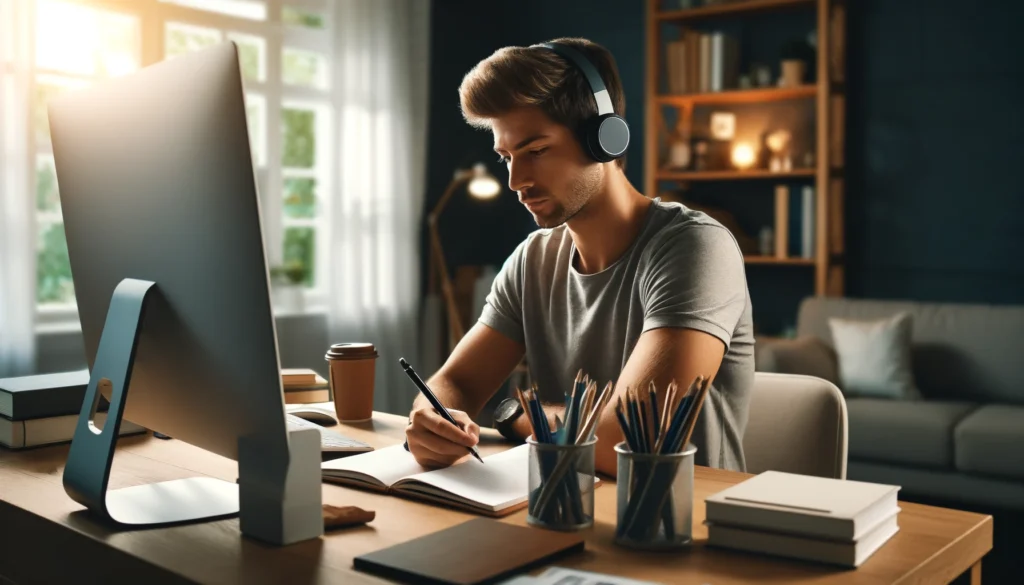 A focused student sitting at a modern study desk with a pair of high-quality headphones on, listening to instrumental music while doing homework. The scene includes a well-lit workspace with a large monitor, a cup of coffee, and neatly arranged stationery. The background has a bookshelf with soft lighting, contributing to a productive study atmosphere.