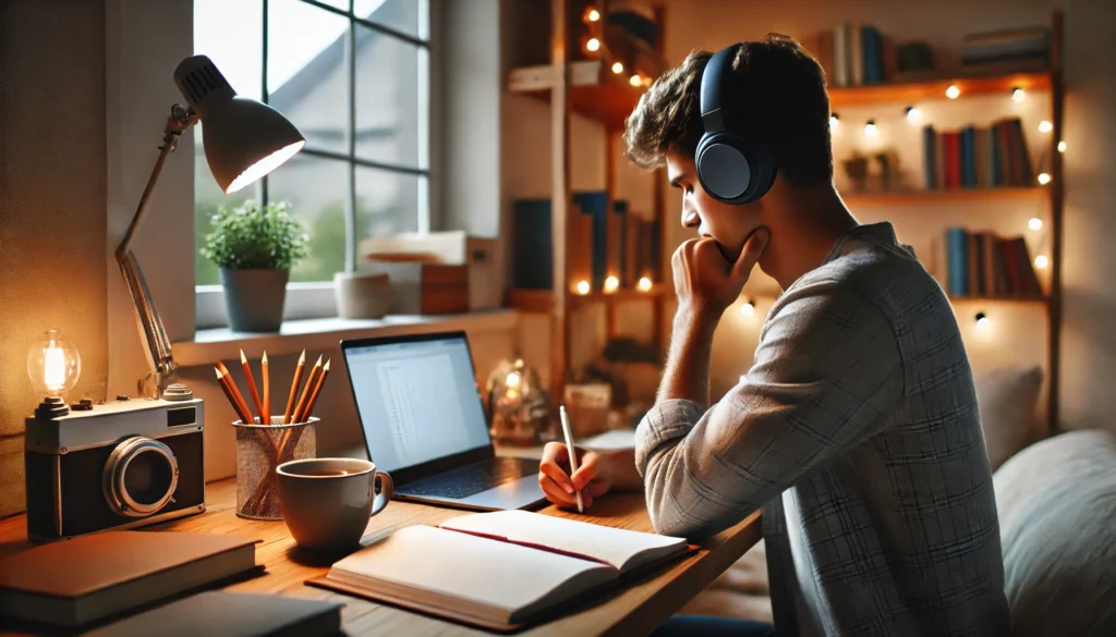 A peaceful home office where a student is listening to music while studying. The workspace is organized with a laptop, a notebook, and a cup of tea. The student is wearing noise-canceling headphones, and the background features a bookshelf with soft lighting, creating a focused and relaxing atmosphere.