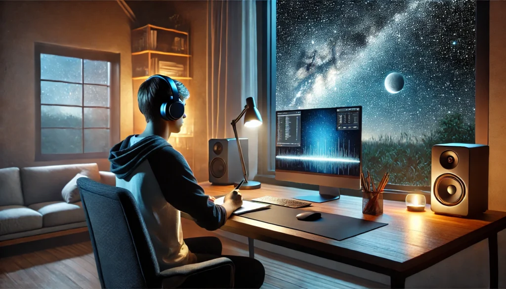 "A tranquil night-time study setup with a student listening to lo-fi beats through headphones, immersed in deep concentration. Best sounds for studying include lo-fi music for a calming and distraction-free environment."