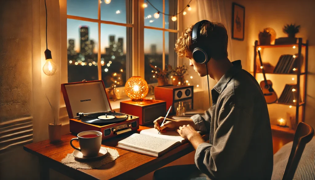 "A cozy study corner where a student is listening to nature sounds, surrounded by books and soft lighting. Best sounds for studying include soothing rain and ocean waves to promote relaxation and focus."