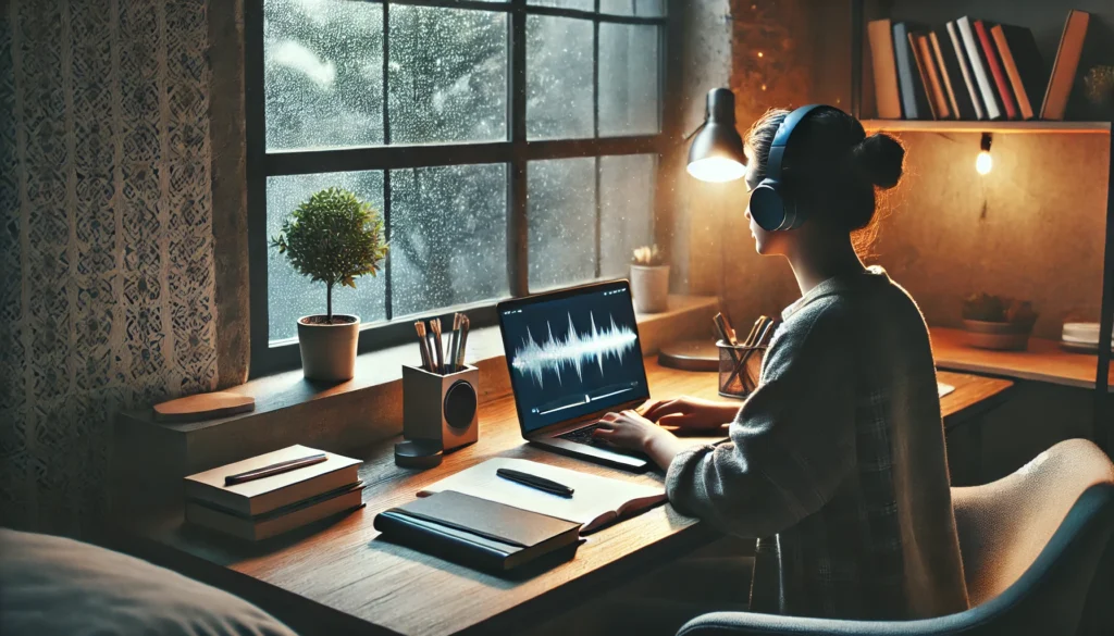 "A modern workspace where a student is using a laptop while listening to classical music, creating an optimal study atmosphere. Best sounds for studying include classical compositions for improved cognitive performance."