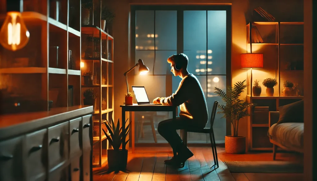 A tranquil nighttime study setting where a person is sitting at a desk, listening to music through headphones while working on a laptop. The room is dimly lit with warm, ambient lighting, a small lamp, and a cozy atmosphere. The background has bookshelves and indoor plants, creating a peaceful and focused environment.