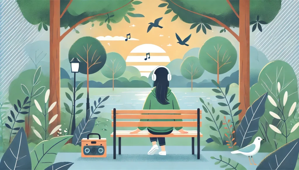 A peaceful outdoor park scene with a person sitting on a bench, wearing headphones and listening to music while enjoying nature. The environment is lush with greenery, birds flying, and a soft sunset glow creating a calming atmosphere.