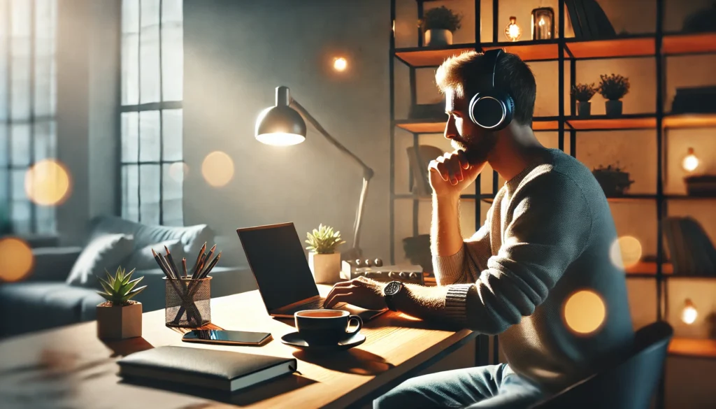 A modern workspace with a person sitting at a desk, wearing noise-canceling headphones and listening to music while working. The setting includes a laptop, a cup of coffee, and ambient lighting that creates a relaxed and productive atmosphere.