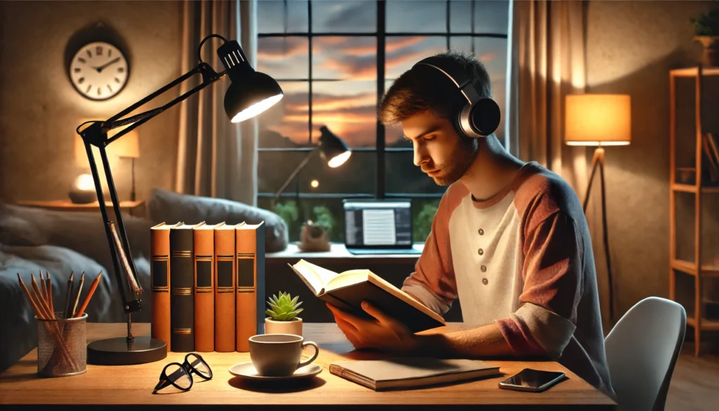 A tranquil study room featuring a student listening to music through high-quality headphones while reading a book. The desk setup includes a neatly stacked pile of books, a modern desk lamp, and a cup of coffee. The background has warm lighting and a large window showing a peaceful evening sky, creating a relaxing and focused atmosphere.