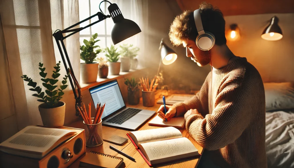 A peaceful home study setting with a student listening to music through headphones while taking notes in a notebook. The workspace includes a wooden desk, a laptop, a desk lamp emitting warm light, and a few decorative plants. The overall mood is calm and focused, perfect for studying.
