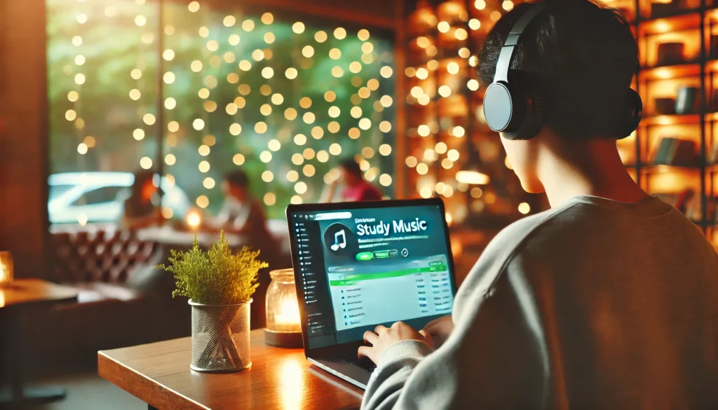 "A peaceful coffee shop setting where a student wearing headphones is working on a laptop with a relaxing study music songs playlist on the screen. Soft bokeh lighting creates a warm and inviting study atmosphere."