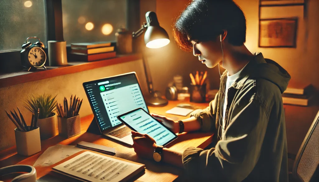 "A focused student working at a study desk with a tablet displaying a productivity music playlist. The workspace is clutter-free, illuminated by warm lighting, promoting a calm and efficient study session."