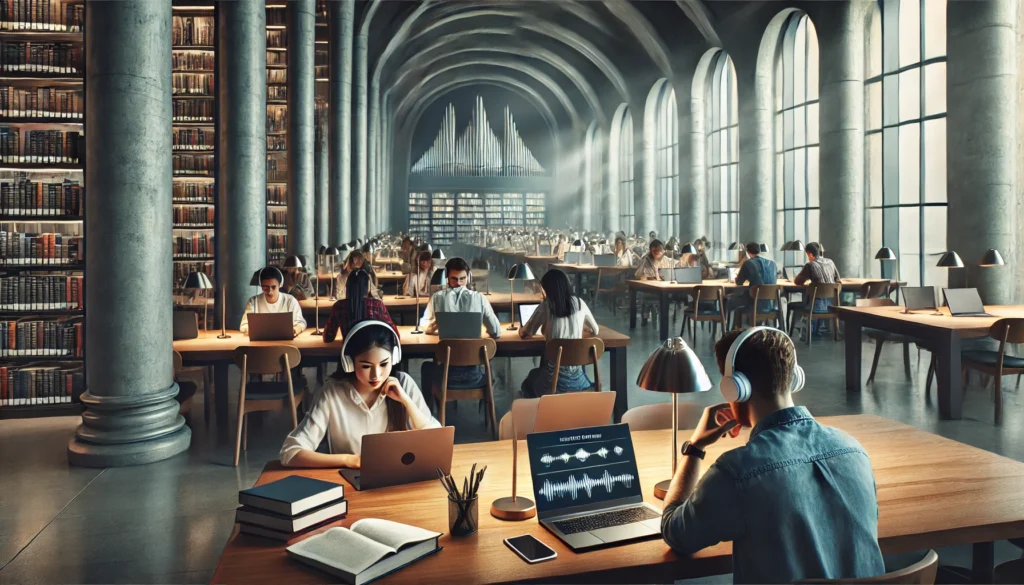 "A university library study space with students using laptops and wearing headphones, listening to focus music for classroom. The setting is quiet, organized, and designed for deep concentration and academic work."
